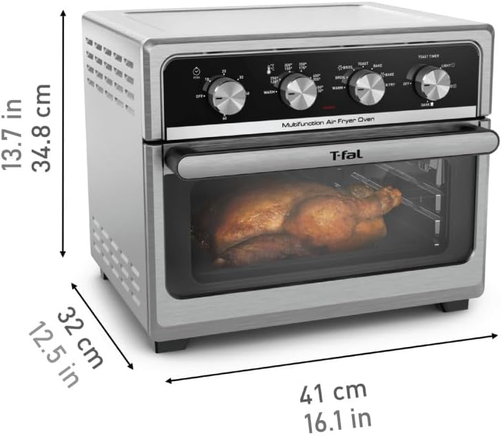 T-fal 9 in 1 Toaster Oven Air Fryer Combo Stainless Steel Convection Countertop Oven, Fast Heatup, 7 Pound Chicken Capacity, Extra Crispy Results, Toast, Bake, Air Fry, Reheat, Broil