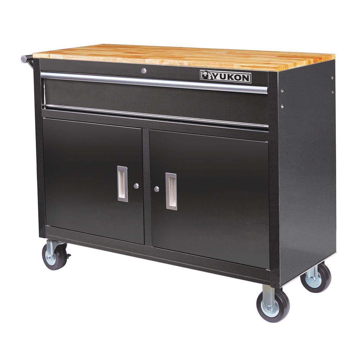 YUKON 46 in. Mobile Workbench with Solid Wood Top, Red