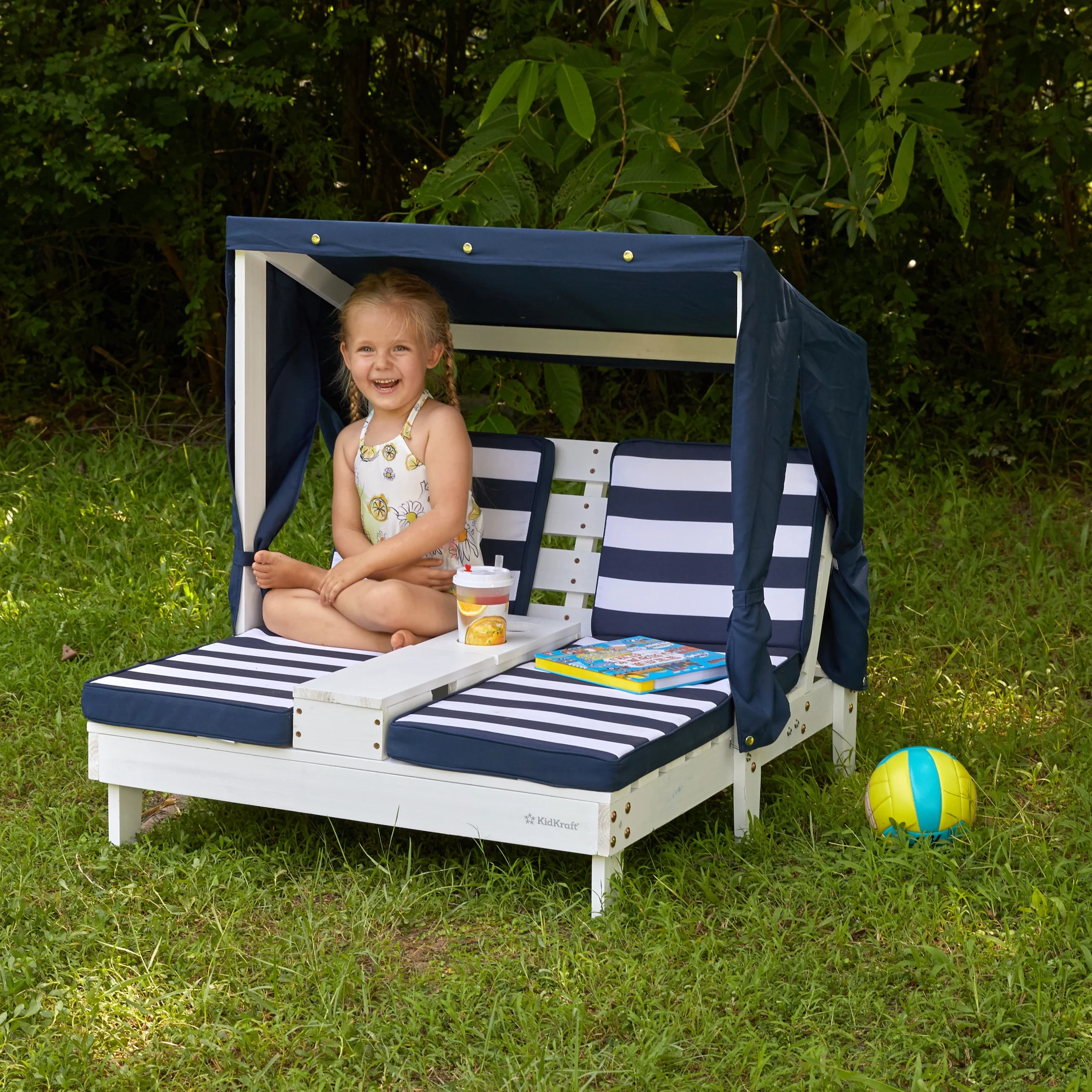 KidKraft Wooden Outdoor Double Chaise Lounge with Cup Holders, White with Navy and White Stripes