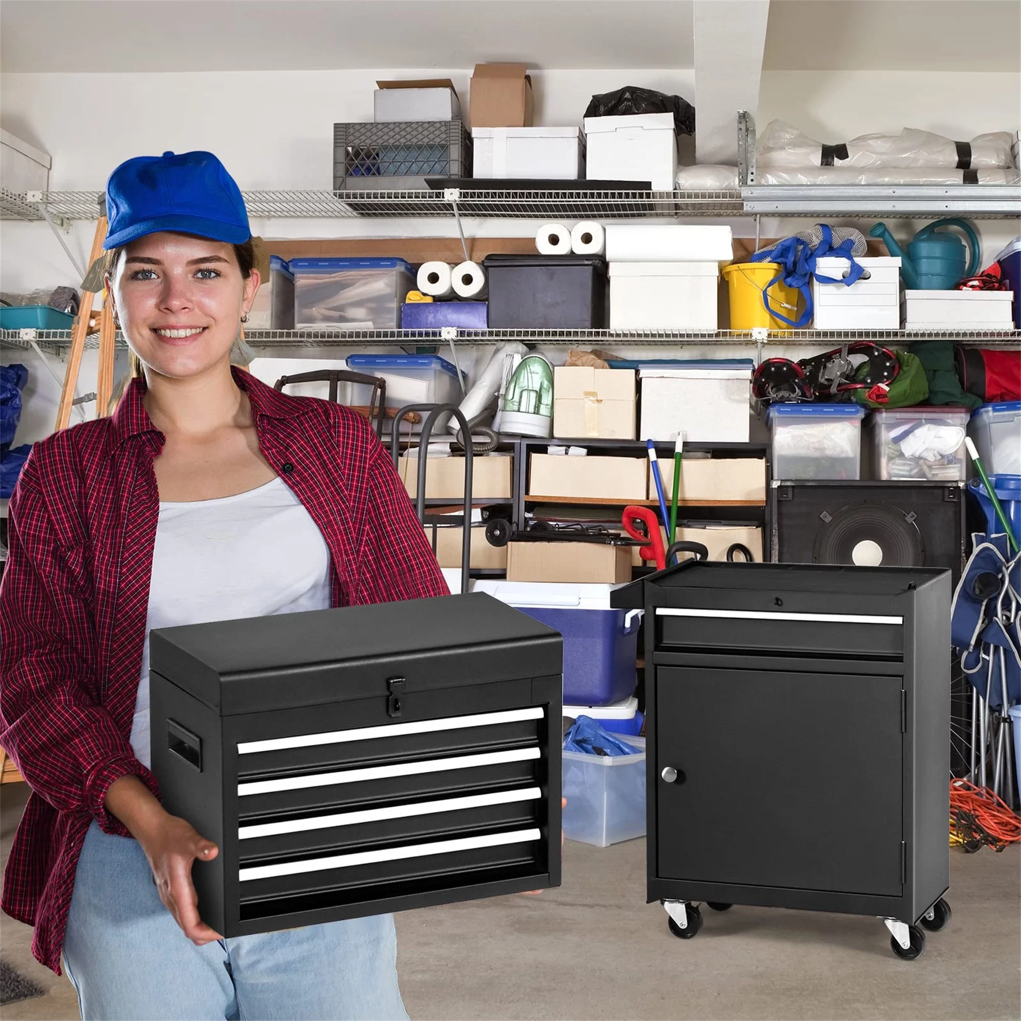 Aukfa Tool Chest, 2 in 1 Steel Rolling Tool Box & Cabinet On Wheels for Garage, 8-Drawer, Blue