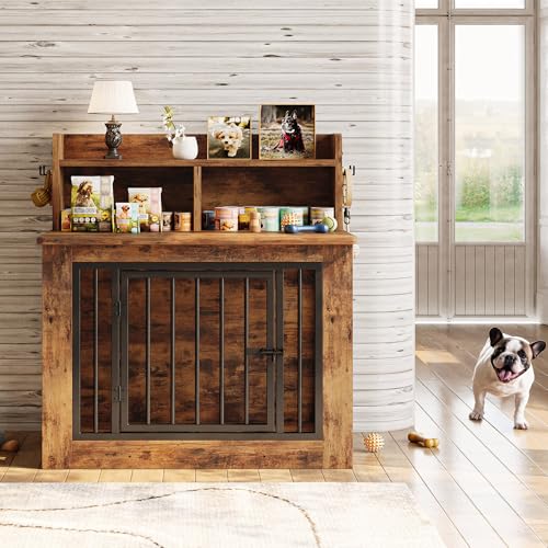 IRONCK Extra Large Dog Crate Furniture, 43.3 inches Wooden Dog Crate with Storage and 4 Hooks, Heavy Duty Pet Crate for Large Dog, Decorative Pet Cage for Indoor (30" L x 43.3" W x 41.1" H)