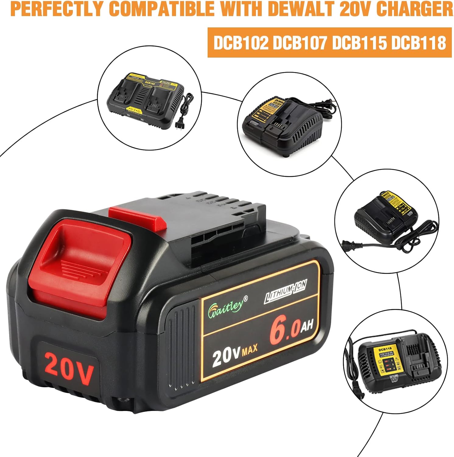 waitley 2 -Packs 20V MAX 6.0Ah DCB206 Replacement Battery Compatible with Dewalt 20V Battery DCB200 DCB203 DCB204 DCB205 DCB206 20V DCD/DCF/DCG/DCS Series Cordless Power Tool Pack of 2