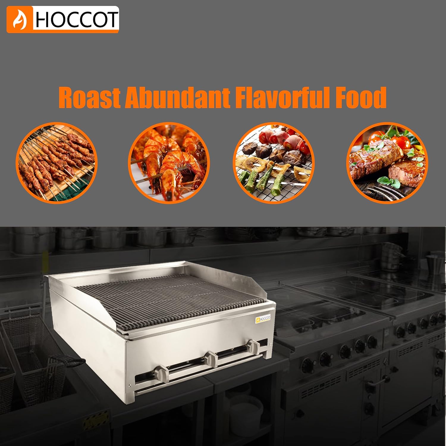 HOCCOT 32" Commercial Gas Grill Radiant Char Broiler, Stainless Steel Natural Gas Char-Broiler with Grill for Restaurant Equipment BBQ