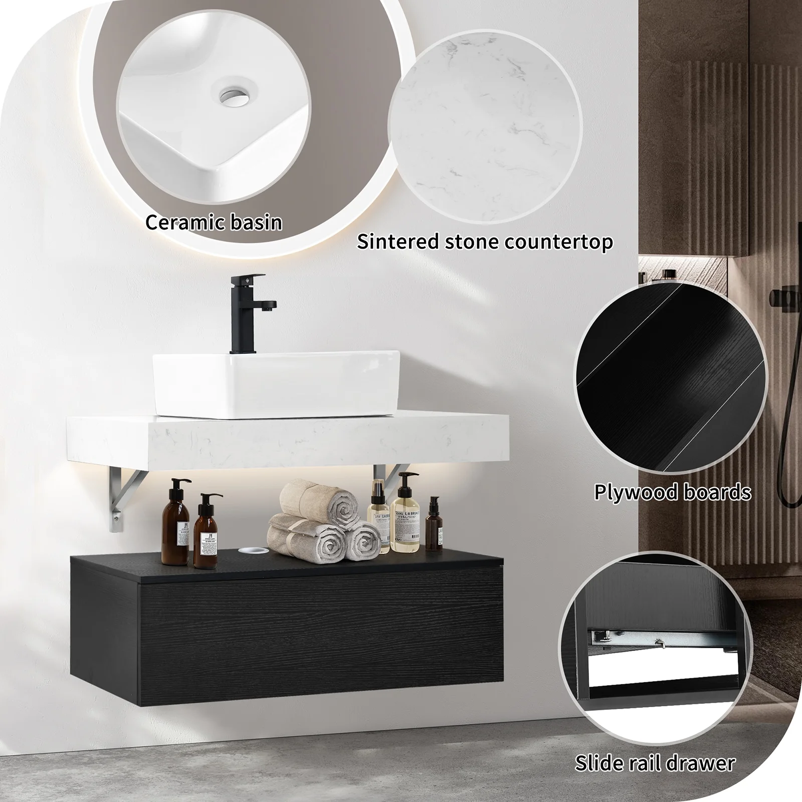 DEXTRUS 39.4'' Single Floating Bathroom Vanity , Wall Mounted With Drawer,Ceramic Sink Vessel
