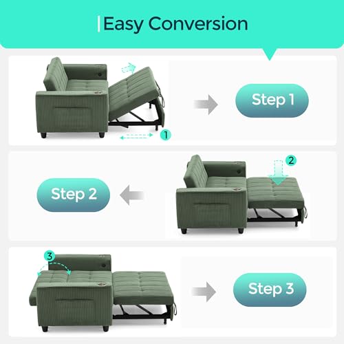 LINSY 3-in-1 Convertible Sofa Bed, 54" Pull Out Sleeper Sofa with Charging Station & Cup Holder, Small Folding Loveseat with Side Pocket for Small Space, Corduroy Couch, Green