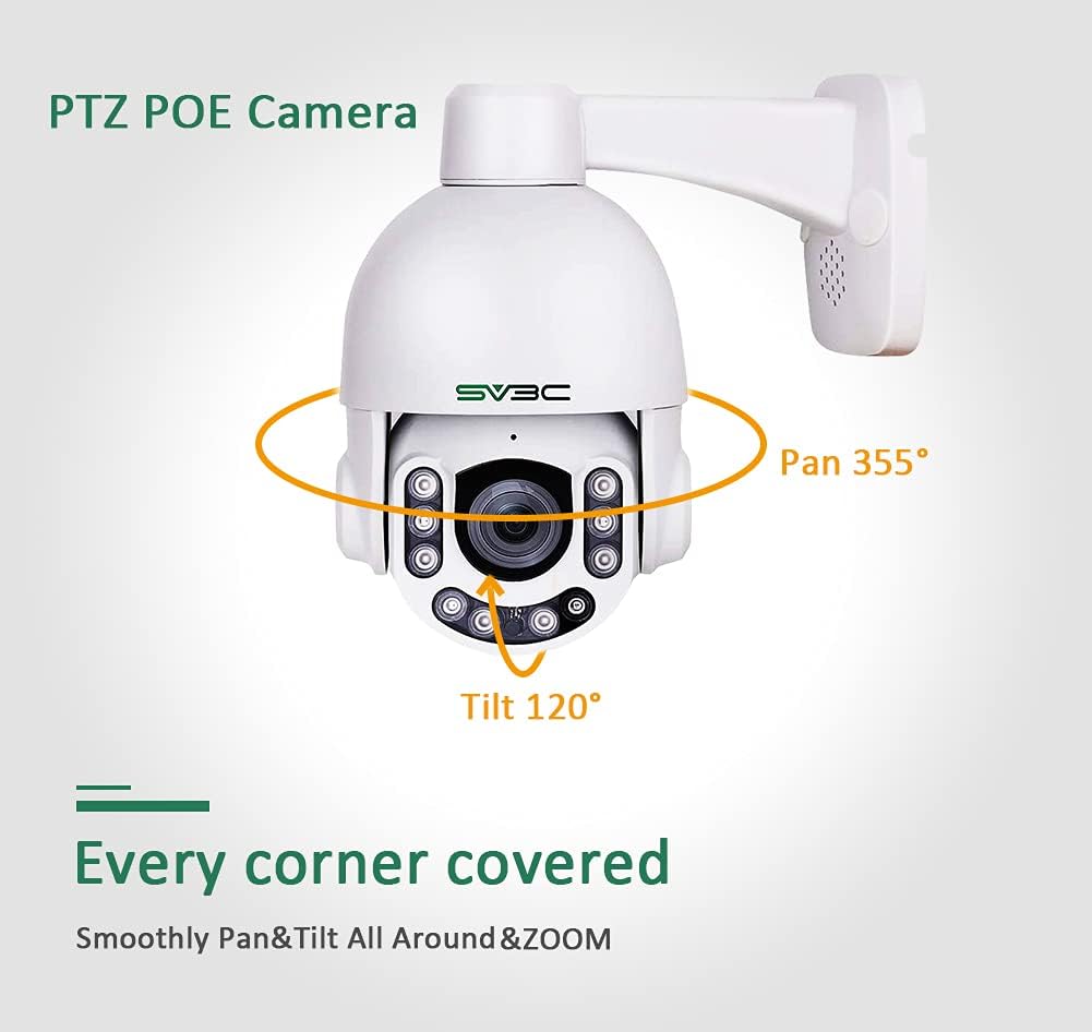 PTZ POE Camera Outdoor SV3C POE Camera 5MP with 10 LED HD Night Vision, 5X Zoom, Two Way Audio, IP66 Metal Shell, Motion Detection, IP Security Surveillance Dome Camera Supports SD Card, RTSP