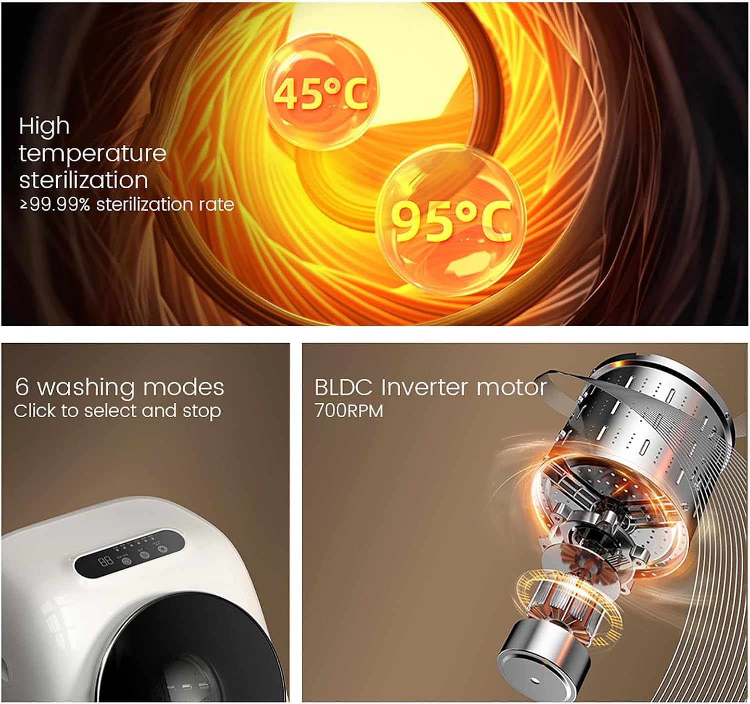 Mini Automatic Washing Machine, 2L Underwear Washer with Spin Dryer, Compact Small Portable Laundry Machine with Touch Panel, Stainless Steel Inner Barrel, 7 Washing and Care Modes
