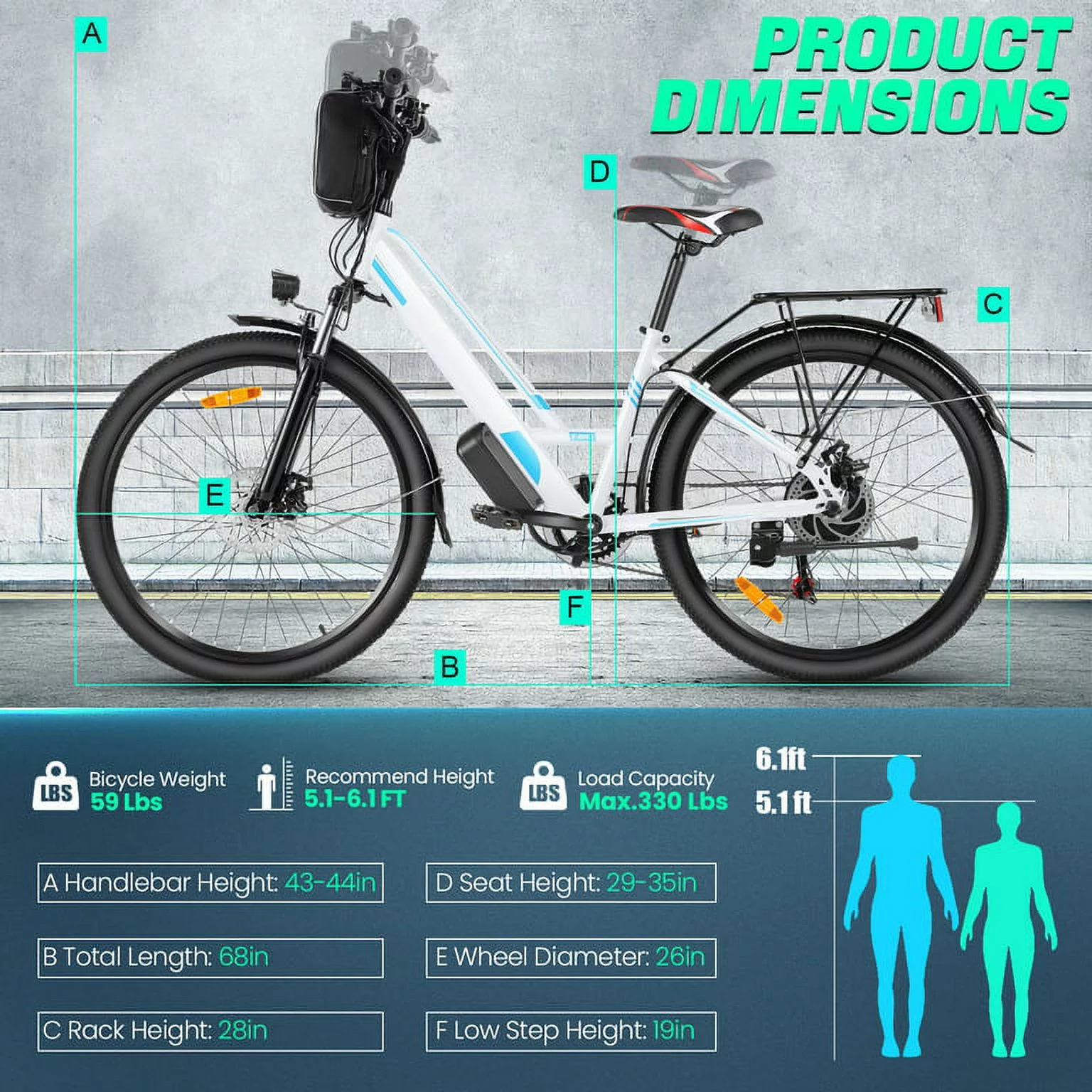 Gocio 500W 26'' Electric Bike 48V Electric Bicycle for Adults, 19MPH Cruiser Ebike, Electric Commuter Bike with Carrier Rack, Low Step Frame Shimano 7 Speed for Men Women Senior