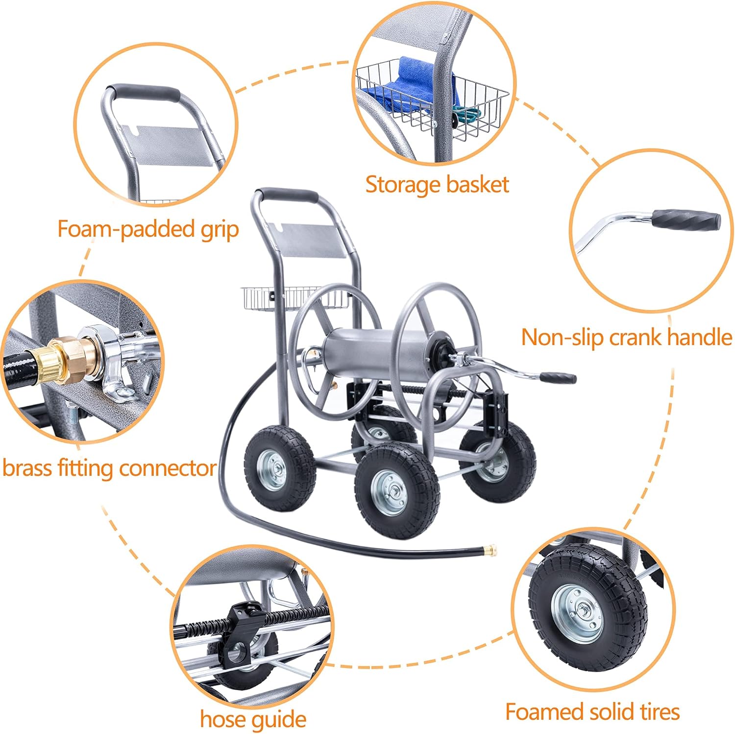 Giraffe Tools Industrial Hose Reel Cart, Heavy Duty Hose Reel with 4 Solid Wheels, Slide Hose Guide System, Holds 250-Feet of 5/8 Hose Capacity for Garden & Yard