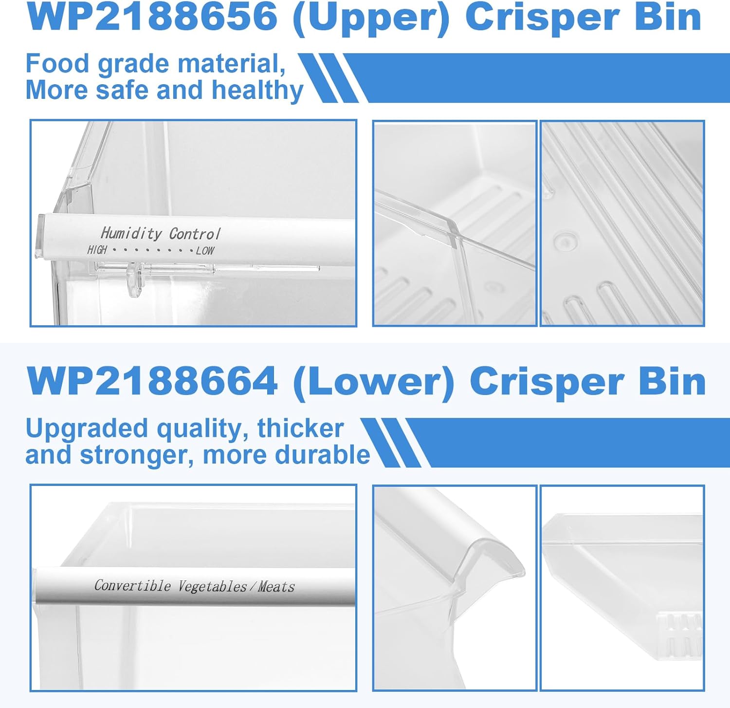 [2 PACK]UPGRADED 2188656 (Upper) Refrigerator Crisper Bin & 2188664 (Lower) Fridge Crisper Drawer Replacement Compatible with Kenmore Whirlpool Refrigerator Drawers Parts with Humidity Control