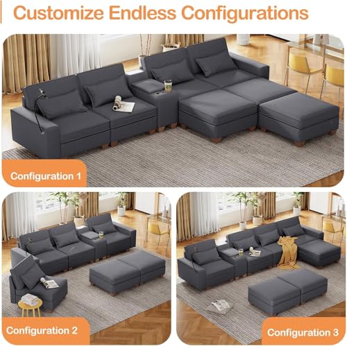 Modular Sectional Sofa, Convertible U Shaped Sofa Couch with Central Console & USB Ports, 7 Seat Modular Sectionals Couch with Chaise and Storage for Living Room, Light Grey