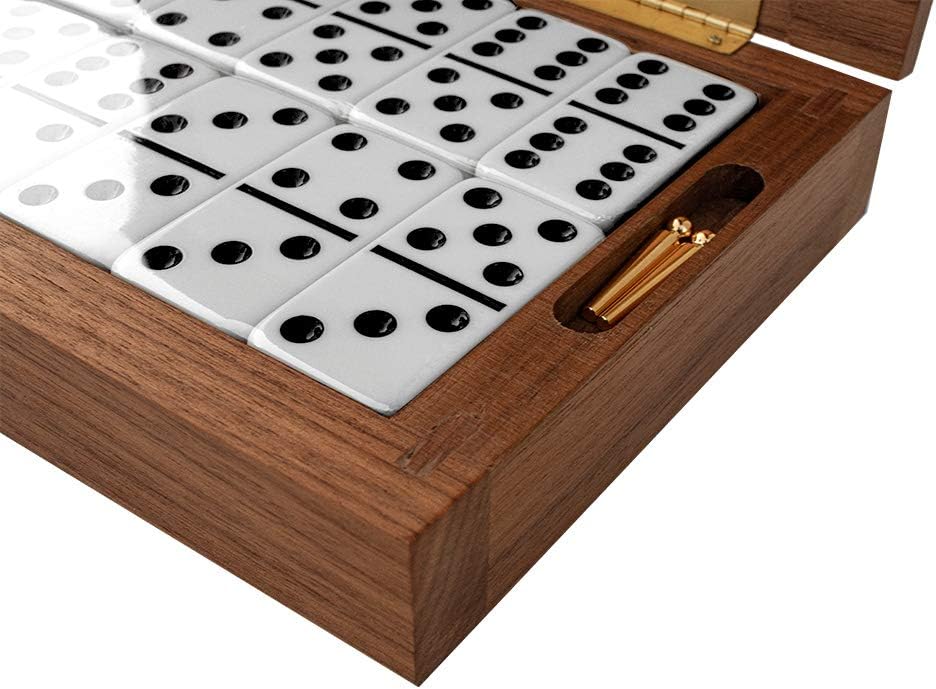 Club Alex Luxury Domino Set with Handcrafted Walnut-Framed Beechwood Case & Cribbage / Counter Top - Tournament Quality 28 Double-Six Dominoes (Domino Set with Personalized Brass Plate)