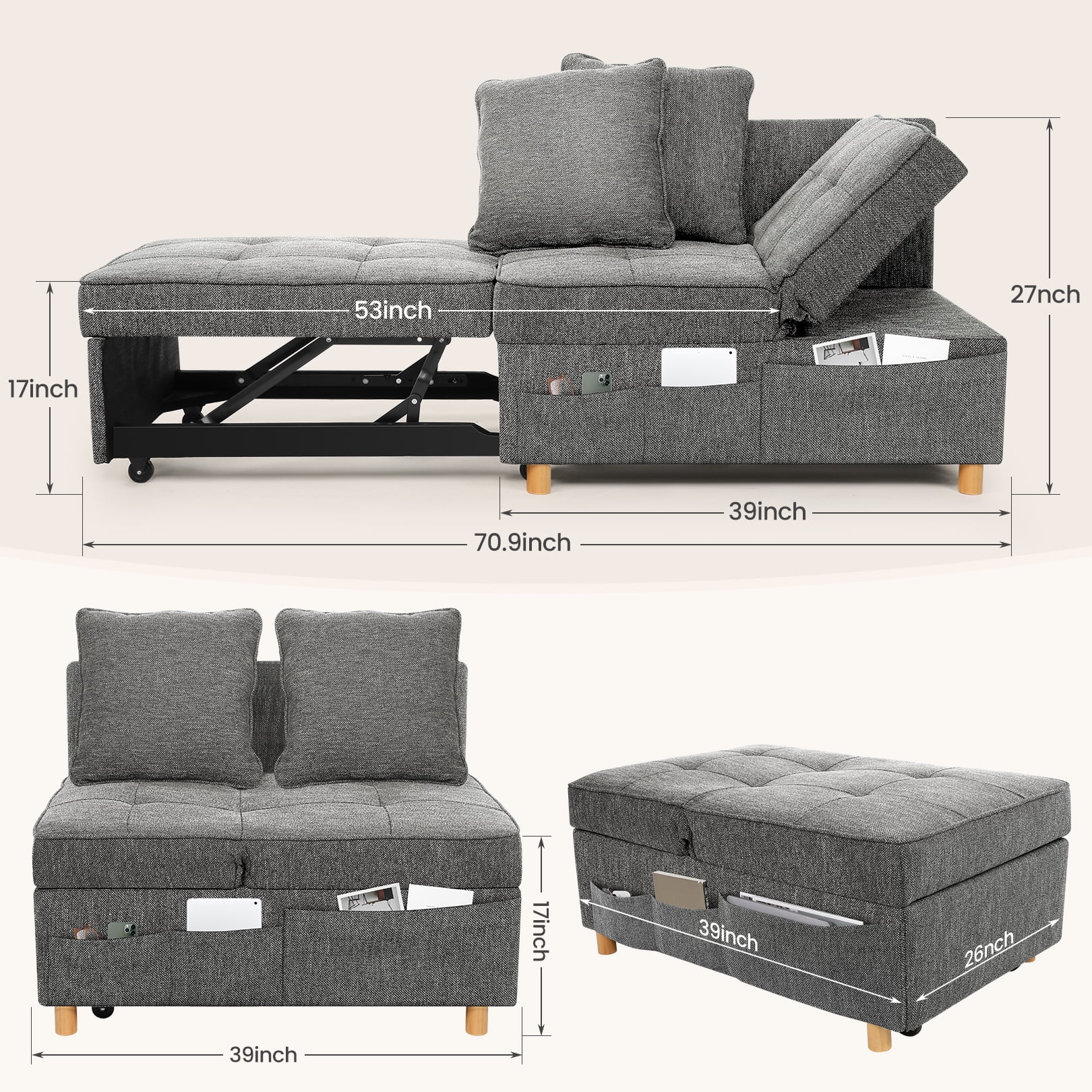 SEJOV Linen Sofa Beds Chair, 4 in 1 Convertible Chair Sleeper Bed with 5 Adjustable Backrest and 2 Pillows, Dark Gray