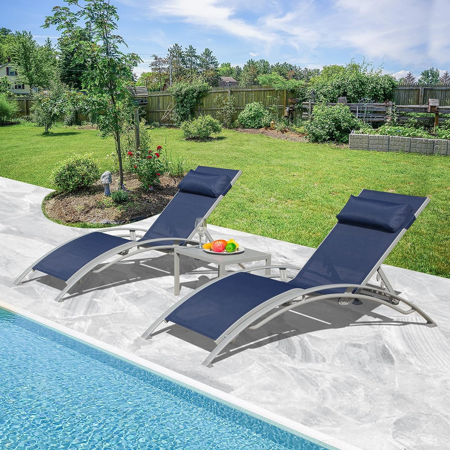 Domi Lounge Chair Set of 3, Aluminum Lounge Chairs for Outside with 5 Adjustable Positions, Chaise Lounge Outdoor for Pool, Garden, Beach, 2 Pool Chairs and 1 Side Table(Blue)