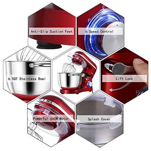 Aucma Stand Mixer,6.5-QT 660W 6-Speed Tilt-Head Food Mixer, Kitchen Electric Mixer with Dough Hook, Wire Whip & Beater