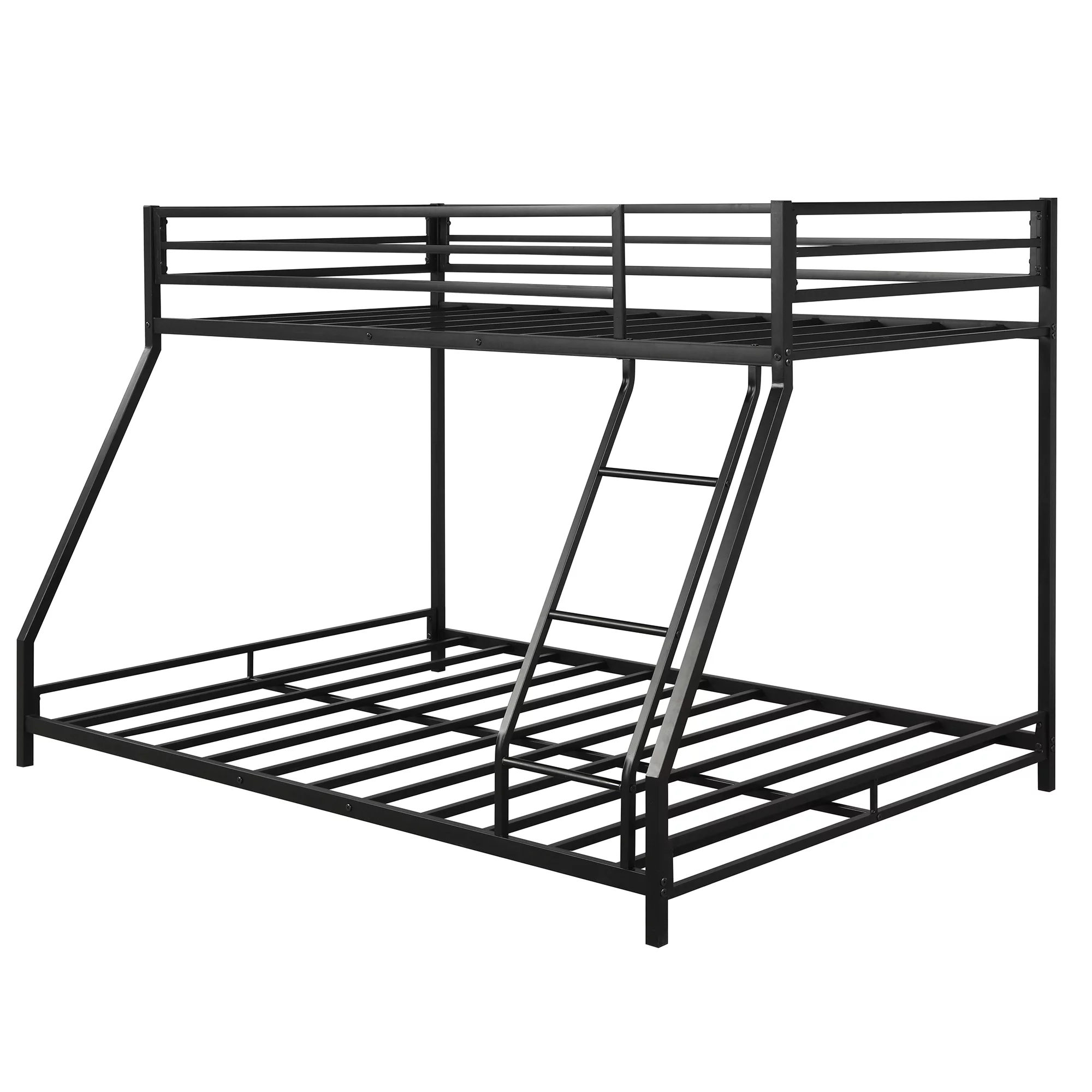 Bunk Bed, Twin Over Full Bunk Bed with Metal Frame and Ladder,  Heavy Duty Bunk Beds Twin Over Full Size for Adults Teens, Durable Bunk Bed Frame with Metal Support Slat, Safety Guardrail, Black, V278