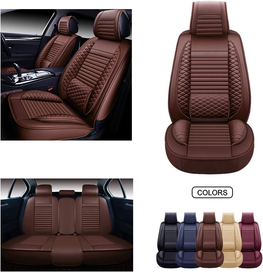 OASIS AUTO OS-002 Leather Car Seat Covers, Faux Leatherette Automotive Vehicle Cushion Cover for 5 Passenger Cars & SUV Universal Fit Set for Auto Interior Accessories (OS-002 Full Set, TAN)