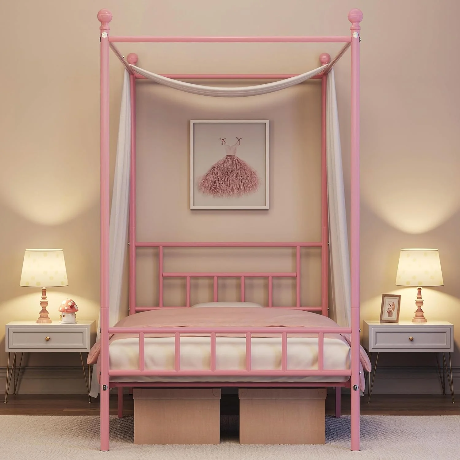 Twin Canopy Bed Frames Metal Platform Bed Frame Four-Poster Canopied Bed Mattress Foundation with Headboard and Footboard Sturdy Slatted Structure Easy Assembly No Box Spring Needed Pink