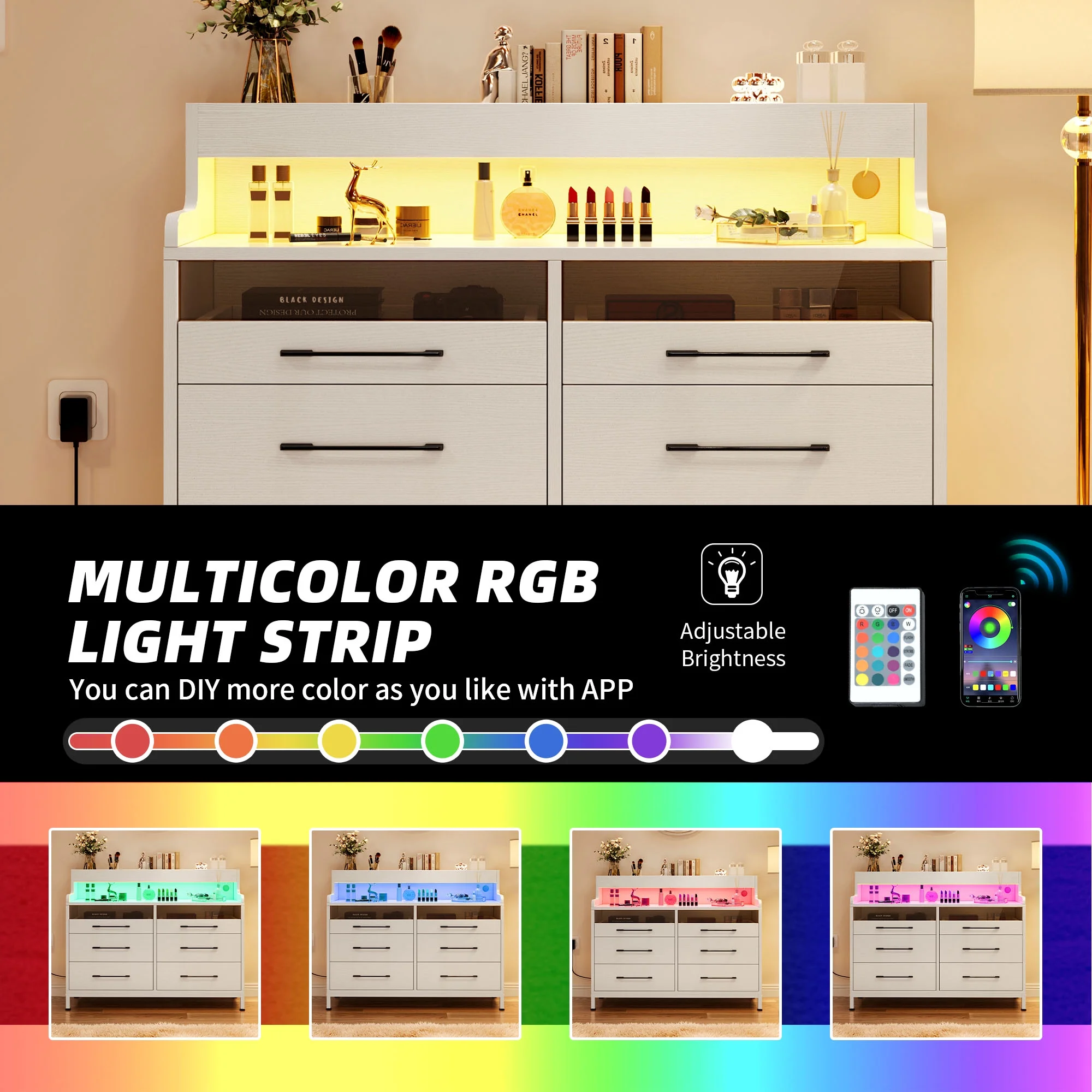 Dextrus 6 Drawer Dresser for Bedroom, Double Dressers & Chests with LED Light & Open Storage, Modern Chest Organizer for Bedroom, Living Room, Entryway, Hallway, White
