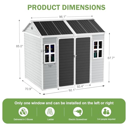 8x6x7 FT Resin Storage Shed, Waterproof Outdoor Storage Shed w/Floor, 2 Windows, Double Lockable Doors & Vents, Tool Shed for Patio Garden, Lawn, Backyard, Dove Grey