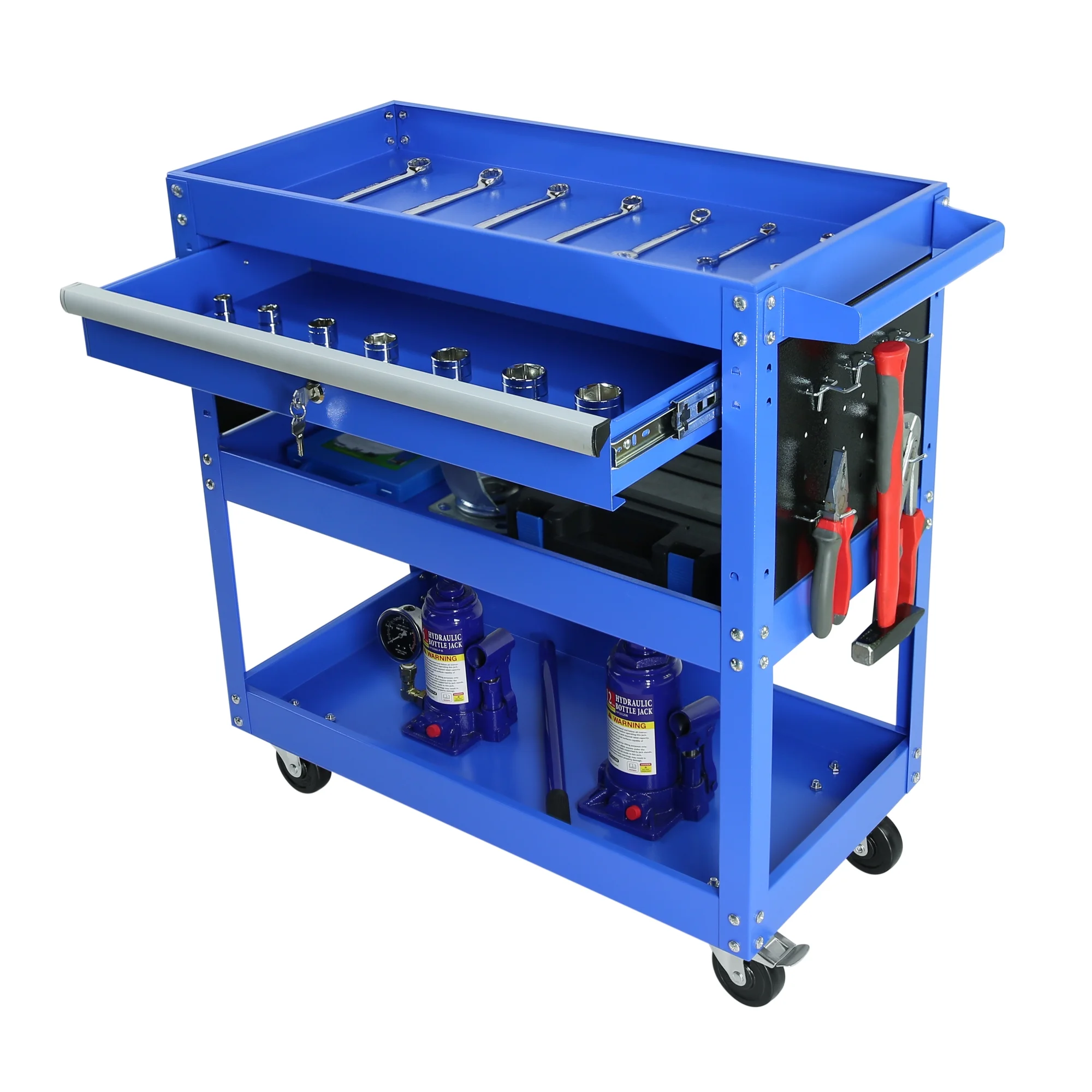 Rolling Tool Cart with Drawer, Seizeen Heavy Duty Utility Cart on Wheels, Garage Workshop Tool Organizer, 3 Tray, 1 Lockable Drawer, 6 Side Hooks