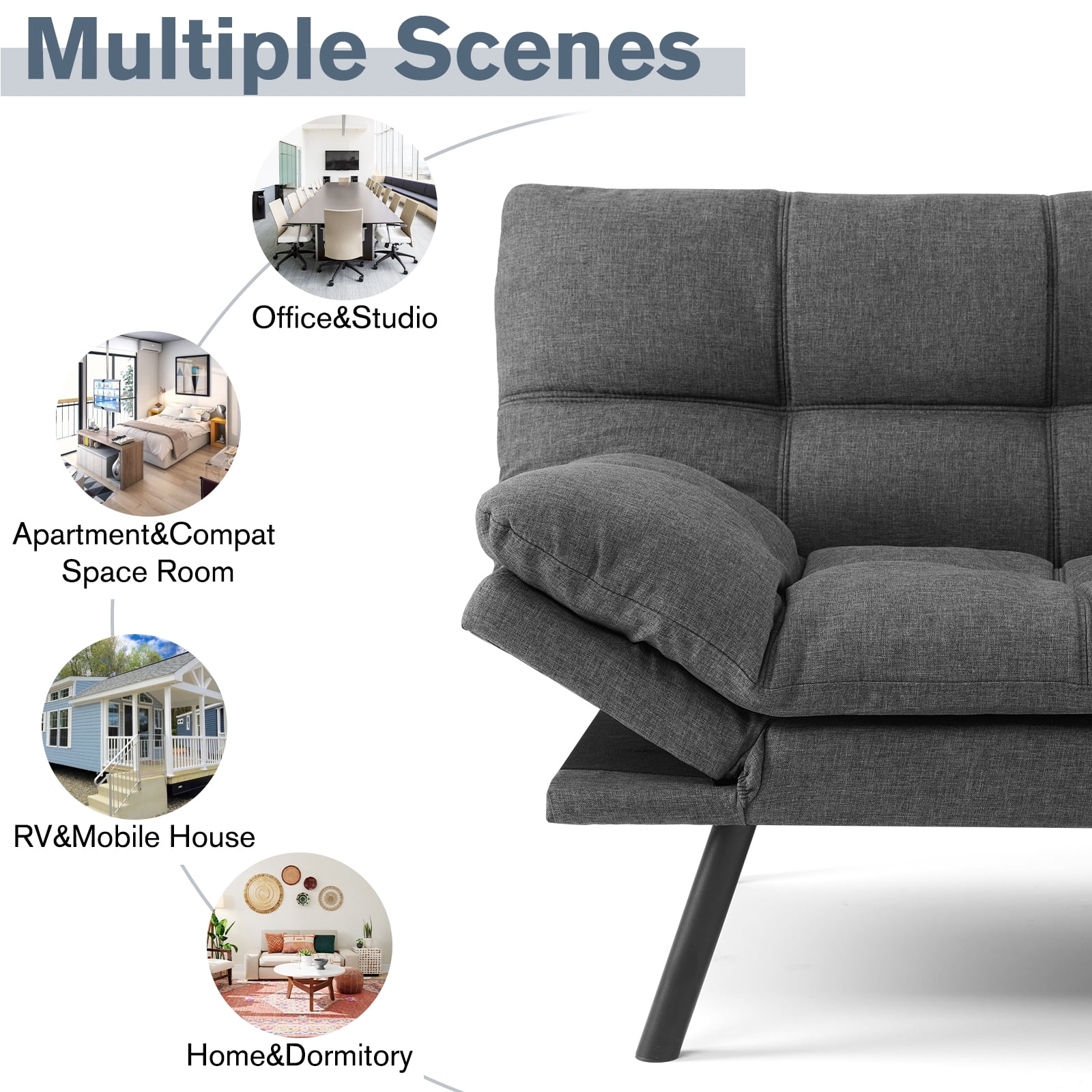 Futon Sofa Bed, Convertible Futon Sofa Memory Foam Double Sofa Bed with Adjustable Backrest and Armrests for Apartments, Dorms, Guest Rooms and Offices, Gray