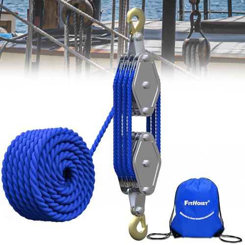 Block and Tackle 4400LBS Breaking Strength Heavy Duty Pulley, 65 Ft Rope Pulley, 7:1 Lifting Power Pulley System, Pulley Hoist with 2 Pcs 8 Ft Lift Sling(Black)