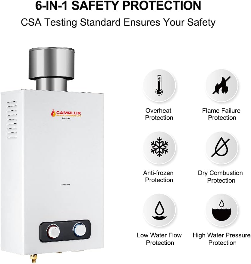 Portable Tankless Water Heater, Camplux 1.58 GPM Outdoor Propane Hot Water Heater with S/S Rain Cap