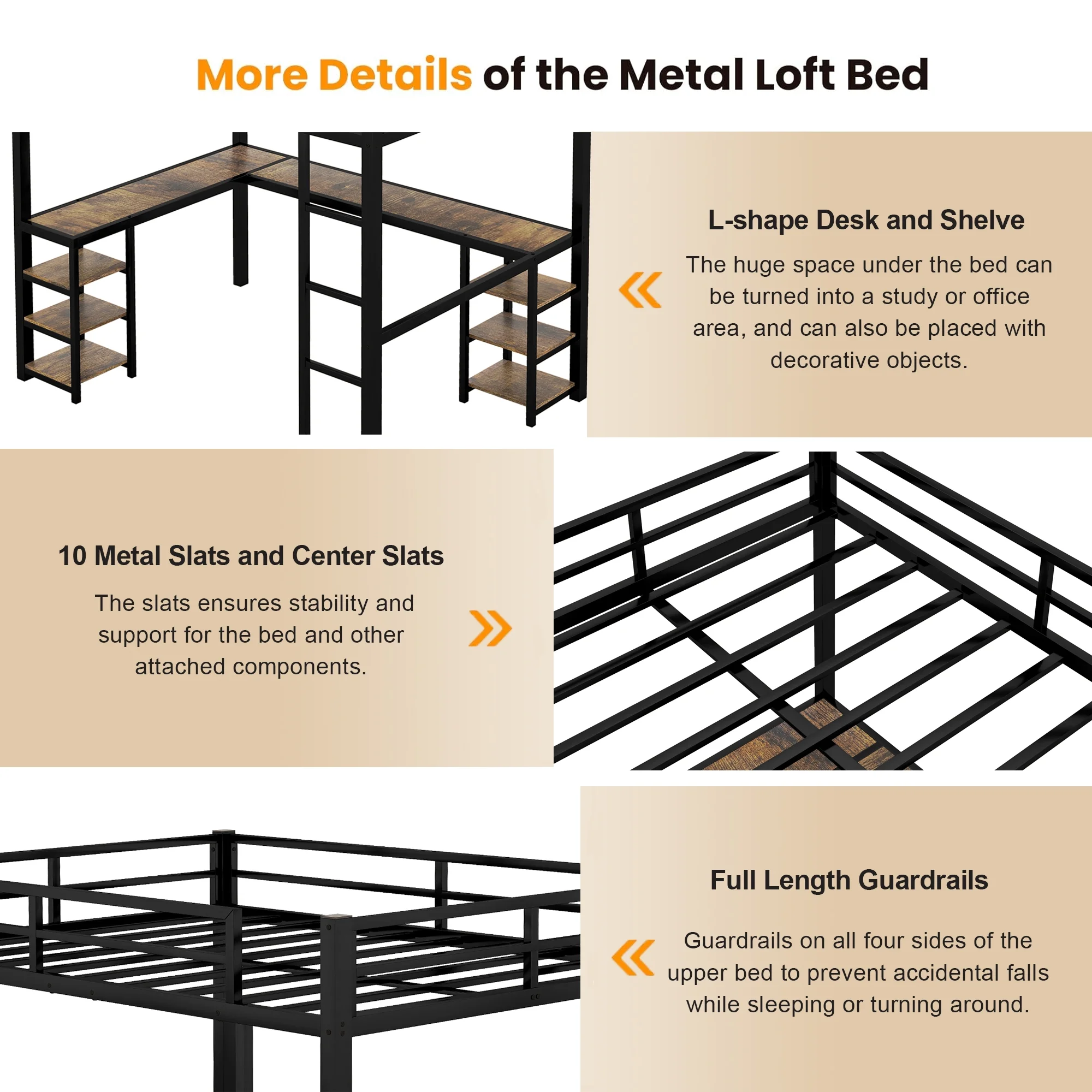 Bellemave Full Size Loft Bed with Desk and Shelves, Metal Heavy-Duty Steel Loft Bed Frame Built-in Ladder for Boy Girls Teens Kids Adults(Black）