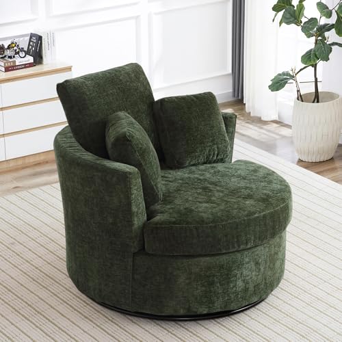 Chair and A Half with Ottoman, 360° Swivel Accent Barrel Chair Modern Comfy Round Reading Sofa Swivel Chairs Circle Lounge Chair for Bedroom Living Room w/4 Pillow Lower Seating Heigh (White, Large)