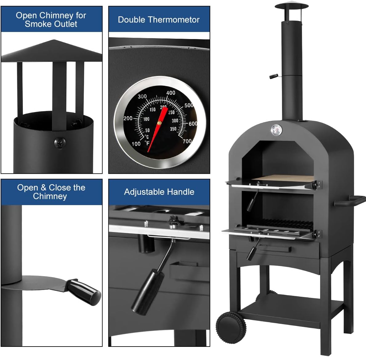 U-MAX Outdoor Pizza Oven Wood Fire with Waterproof Cover, Freestanding, Steel Pizza Grill, Pizza Maker Camping Cooker with Pizza Stone