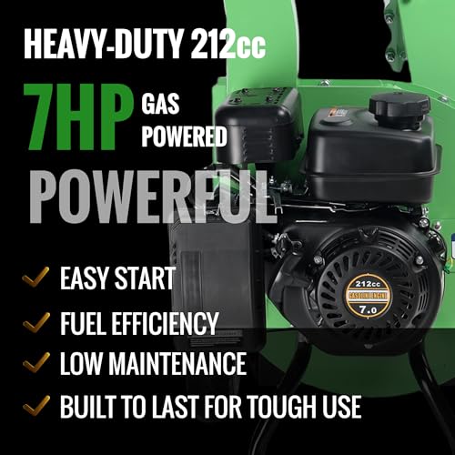 S3 Wood Chipper Shredder, 7HP 212cc Gas Powered Heavy Duty, 3" Max Wood Diameter Capacity, 15: 1 Reduction Ratio, Easy Assembly, 1-Year Warranty After Product Registration