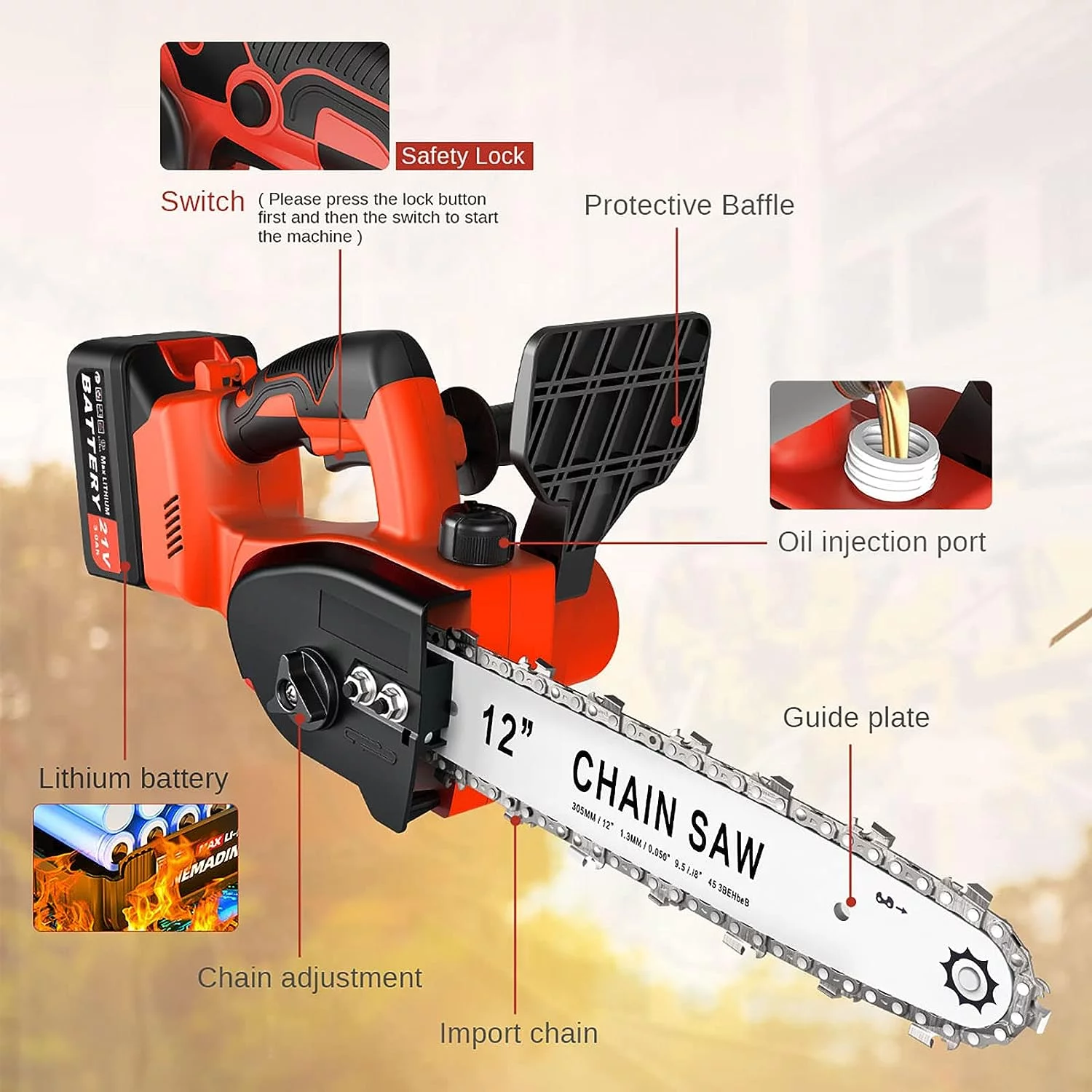 Tanbaby 12 Cordless Chainsaw, 900W Brushless Motor Battery Operated Chain Saw with 21V Rechargeable 3.0Ah Battery and Charger for Wood Cutting, Tree Trimming