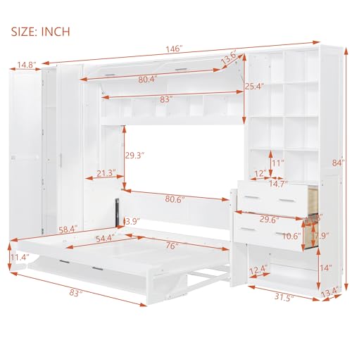 KLMM Wooden Murphy Bed Wall Bed with 2 Wardrobe and Storage Shelf,Foldable Platform Bedframe for Guest-Room Bedroom Study Office Use (White#E, Full)