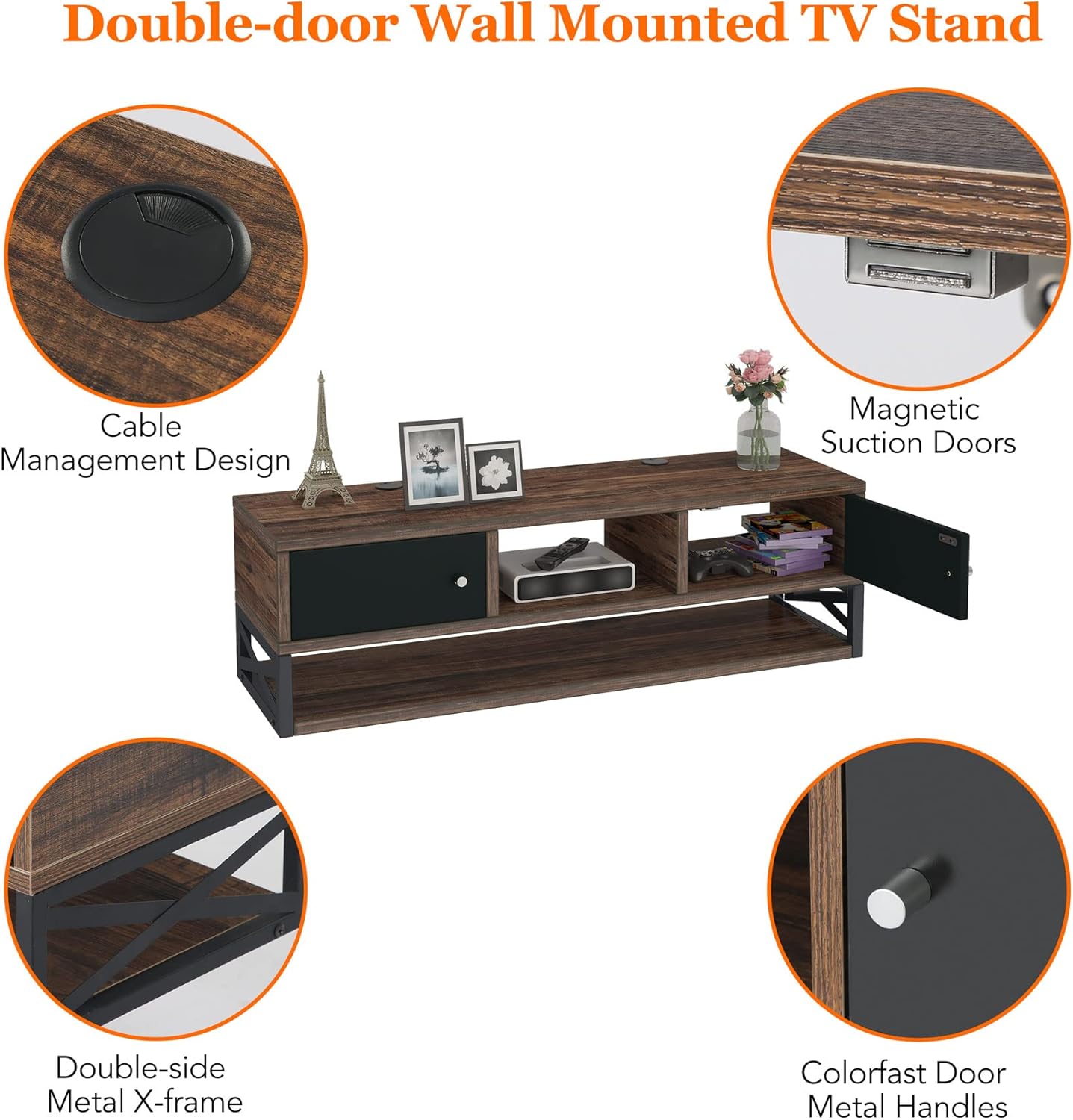 Tribesigns Floating TV Stand, 3-Tier Wall Mounted Media Console TV Shelf with Magnetic Suction Doors, TV Cabinet Entertainment Center Console Shelf for Living Room Bedroom