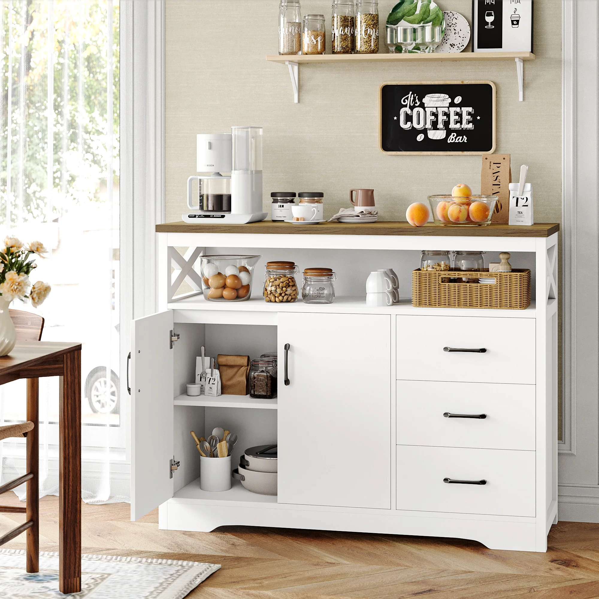 Homfa 47.2"W Kitchen Sideboard with Hutch, 3 Drawer Buffet Cabinet with 2 Doors for Dining Room, White - Curated Treasures Market