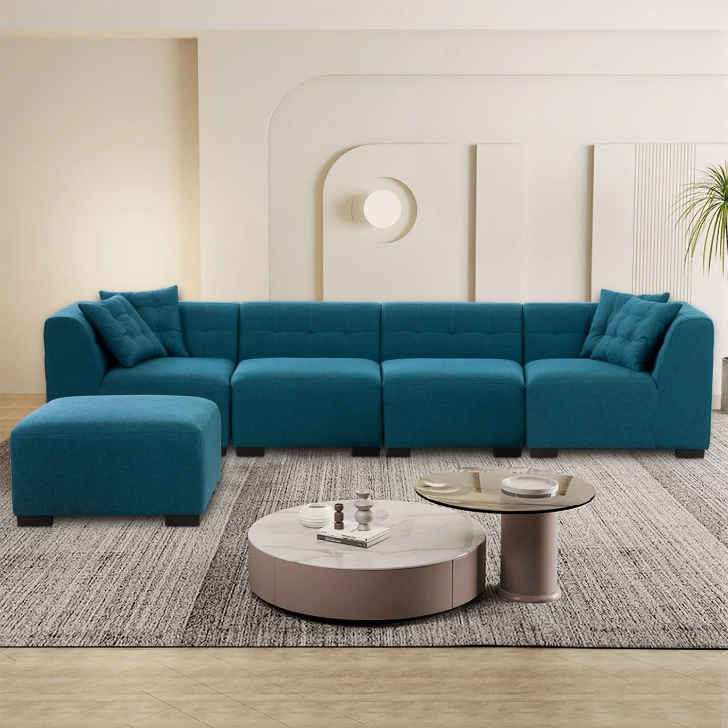 Kevinplus Convertible Sectional Sofa Fabric Couch with Chaise Reversible Corner Couch Furniture L-Shaped 5 Seater Sofas Bluish