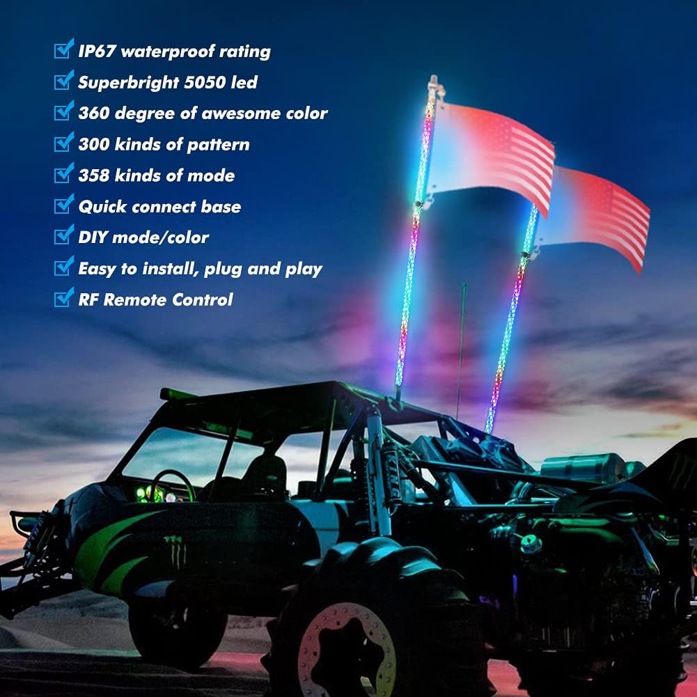 AUTOVIC Spiral LED Whip Lights, 2pcs 4FT 360° RGB Whip Light Weatherproof 300 Flash Patterns 358 Modes Chasing Light for RZR Can-Am Polaris UTV ATV Off Road Truck