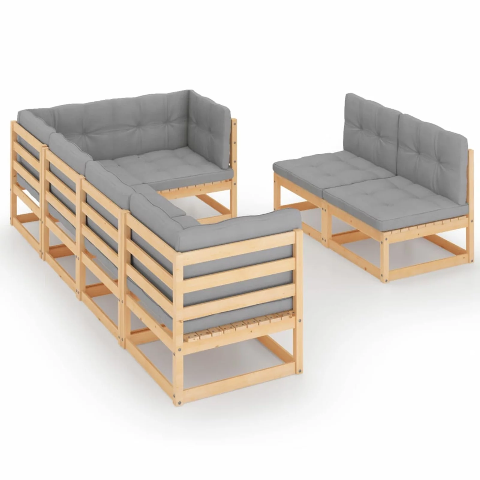 Anself 7 Piece Wood Garden Conversation Set Gray Cushioned 3 Corner and 4 Middle Pinewood Sectional Sofa Set Wooden Frame for Patio, Garden, Backyard, Poolside, Lawn