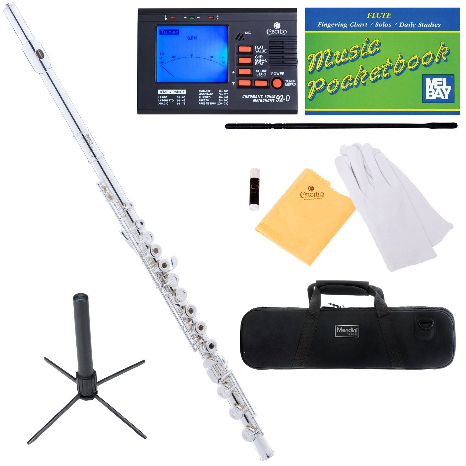 Mendini MFE-30S Intermediate Silver Plated Key of C Open / Closed-Hole Flute with B Foot Joint + Case, Tuner, Stand & More
