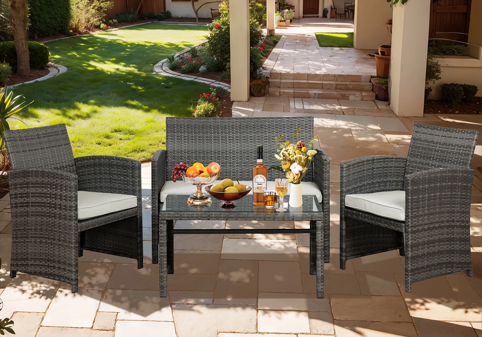 Walsunny 4 Piece Patio Ratten Set Outdoor Furniture Set Wicker Conversation Set with Cushions and Tempered Glass Tabletop
