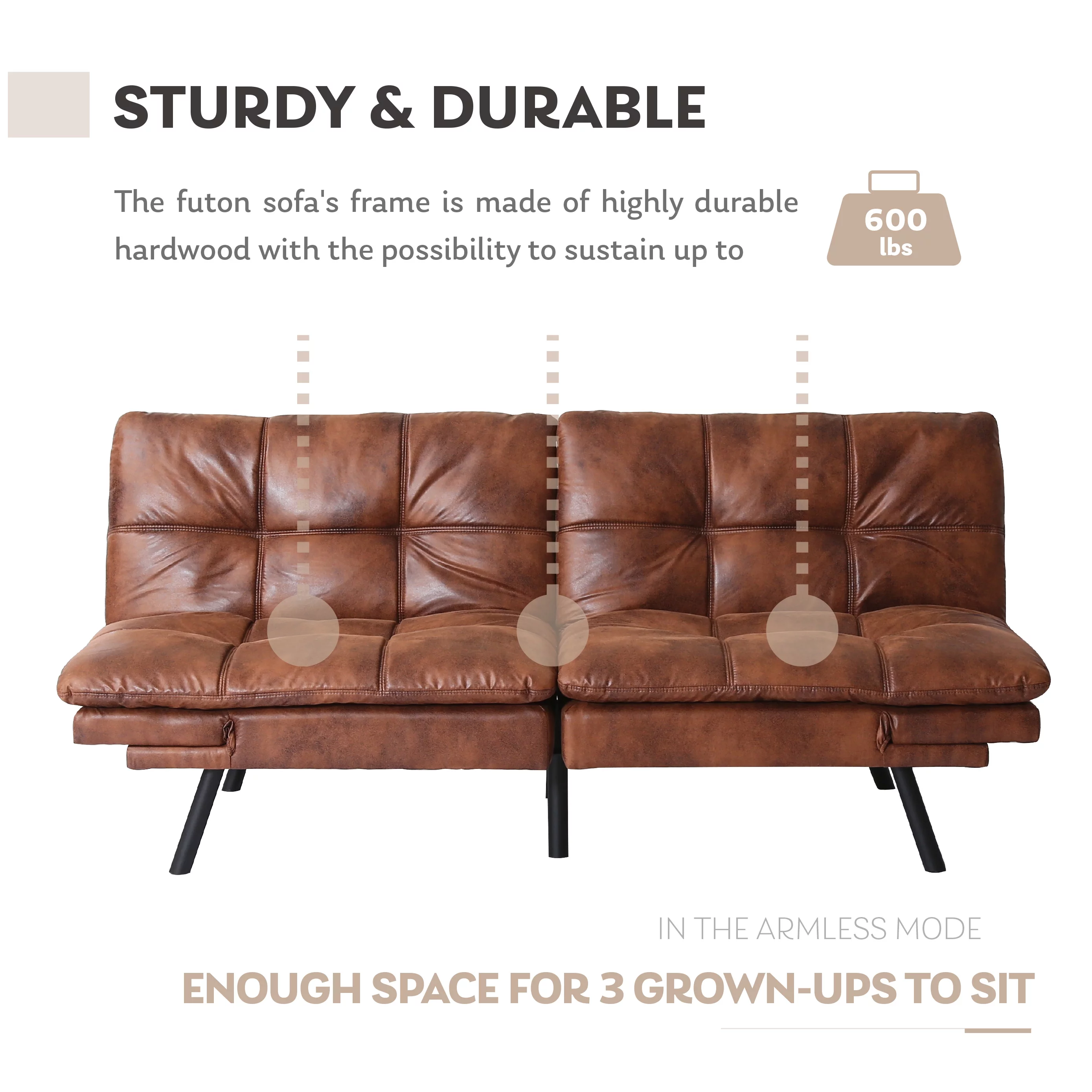 MLILY Convertible Futon Sofa Bed, Sleeper Sofa with Adjustable Armrest, Memory Foam Futon Couch, Brown