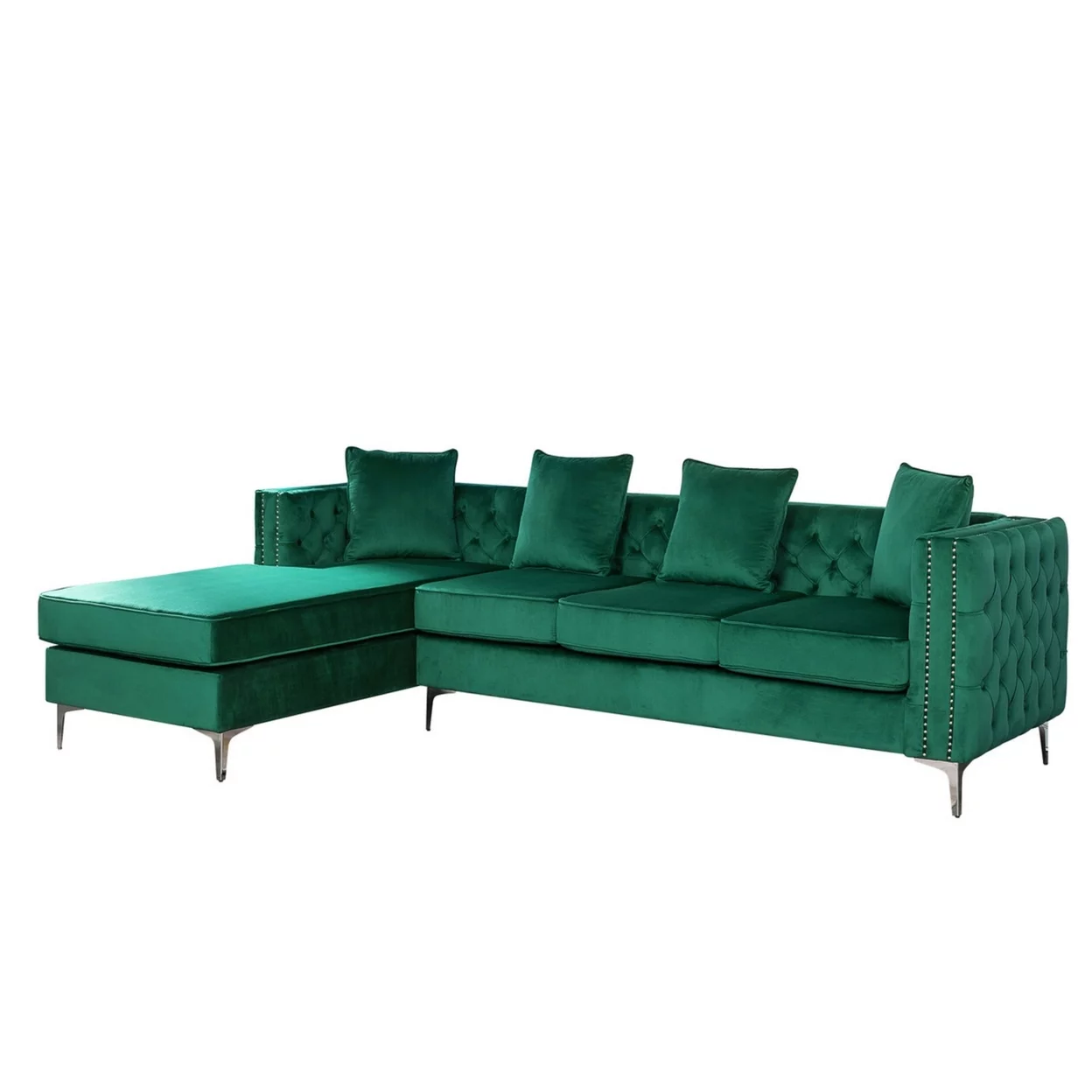Tommy 68 Inch Chaise Sofa with Nailhead Trim and Tufting, Green Velvet- Saltoro Sherpi