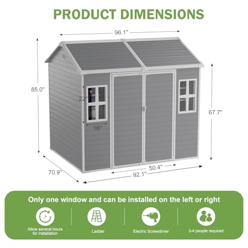 8x6x7 FT Resin Storage Shed, Waterproof Outdoor Storage Shed w/Floor, 2 Windows, Double Lockable Doors & Vents, Tool Shed for Patio Garden, Lawn, Backyard, Dove Grey