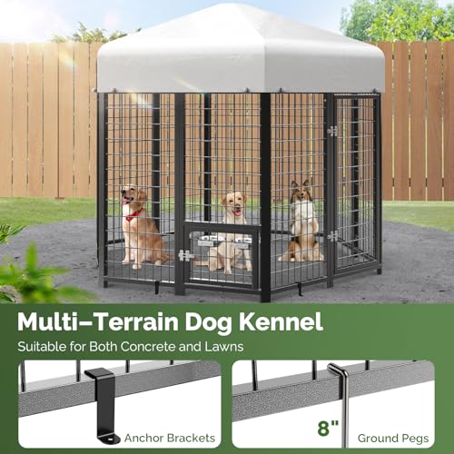 SINO LUBAN Outdoor Dog Kennel Outside Run with Doggy Door, Swivel Feeder&Roof - 8x4x6 Large Dog Kennels Pens Outside for Large Dogs Breed-Heavy Duty Cage Enclosure Yard (Can Connect to Your Dog House)