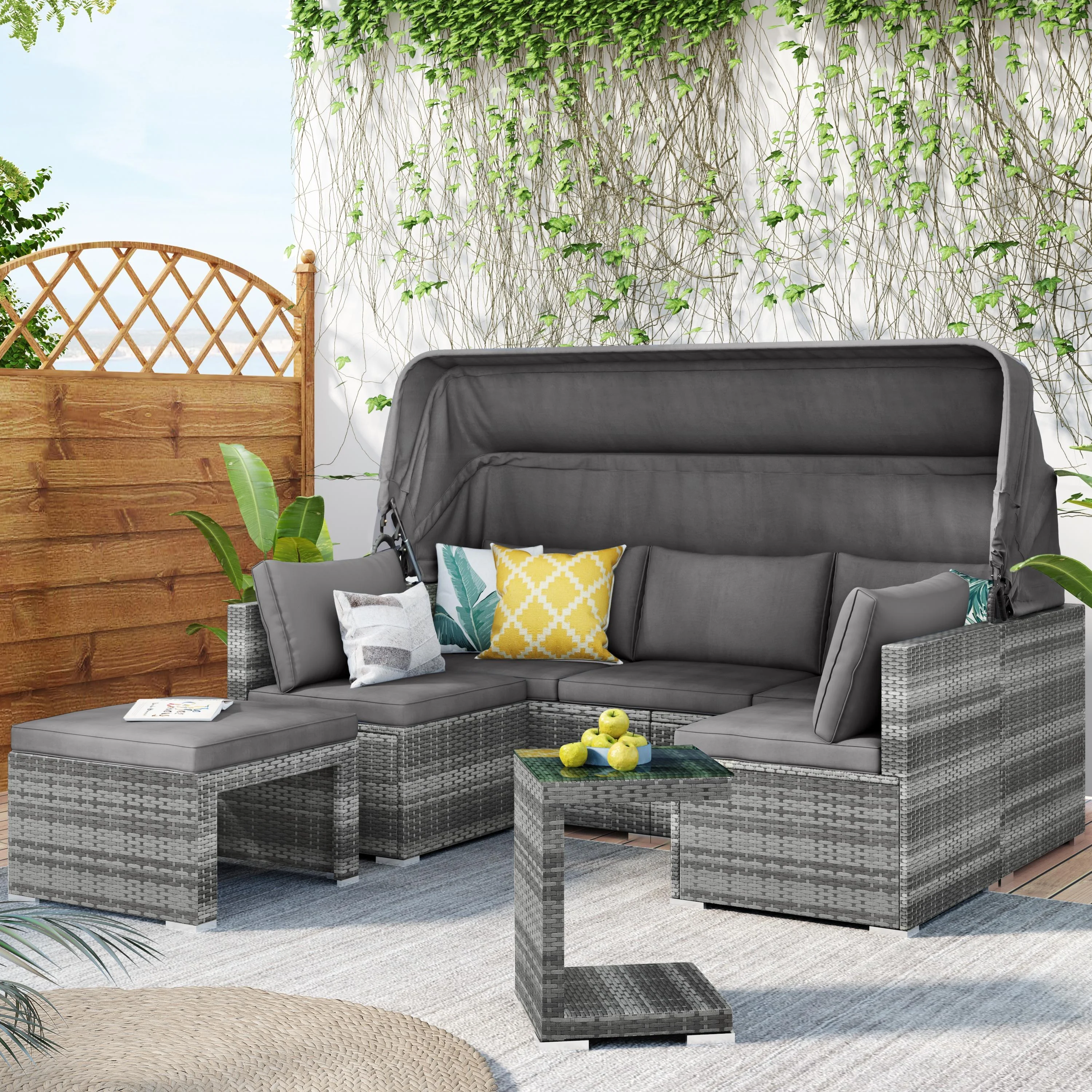 Seizeen 5 Pieces Patio Outdoor Daybed, Rattan Sectional Conversation Sofa Set with Retractable Canopy, Patio Sectional Bed with Side Table, Outdoor Sunbed with Cushions and Pillows