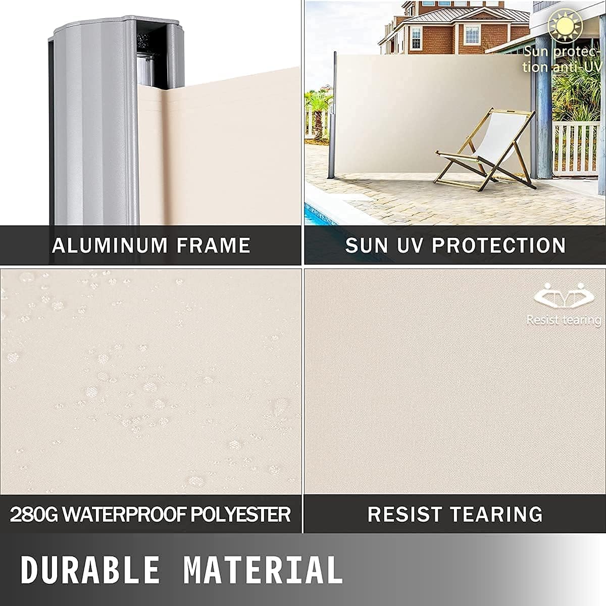 Nisorpa Retractable Privacy Screen 71'' H x 118'' L Patio Side Awning Standing Sun Shade Outdoor Side Pull Out Awning for Balcony Garden Patio Camping Privacy Divider Blind Waterproof Beige