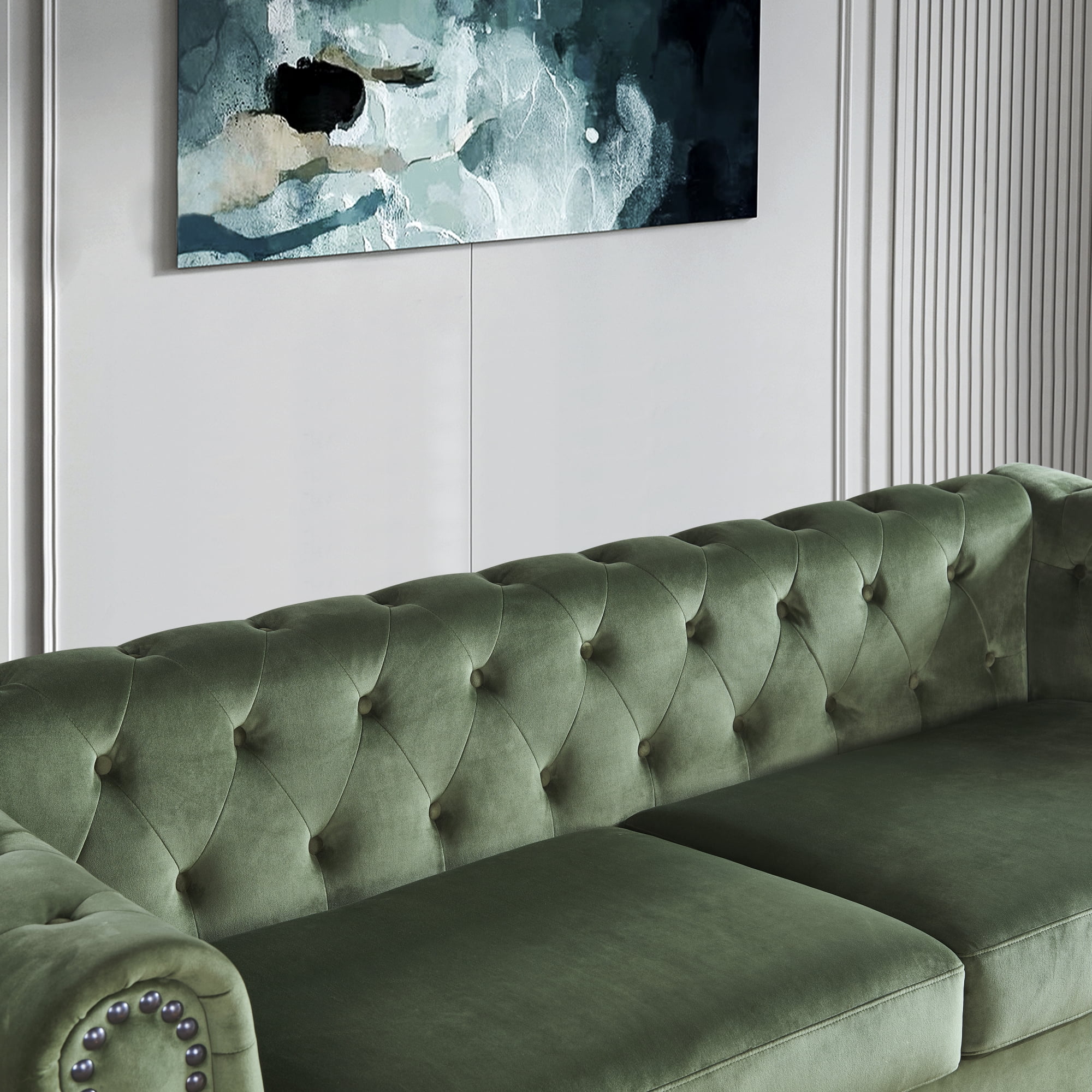 Classic Traditional Living Room Upholstered Sofa with high-tech Fabric Surface/ Chesterfield Tufted Fabric Sofa Couch, Large-Green