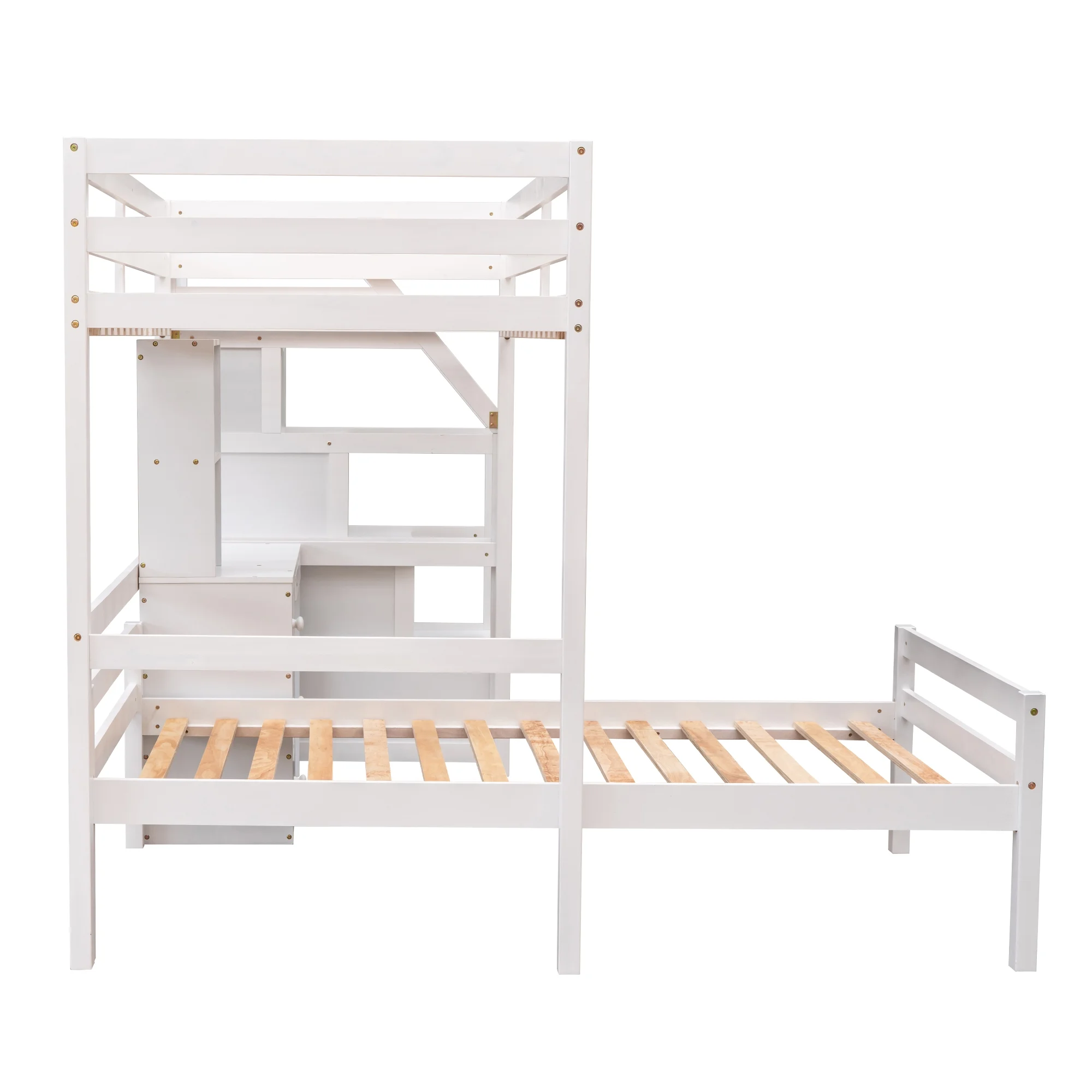 Euroco Wood Twin Bunk Loft Bed with Desk, Drawers and Shelf for Kids, White