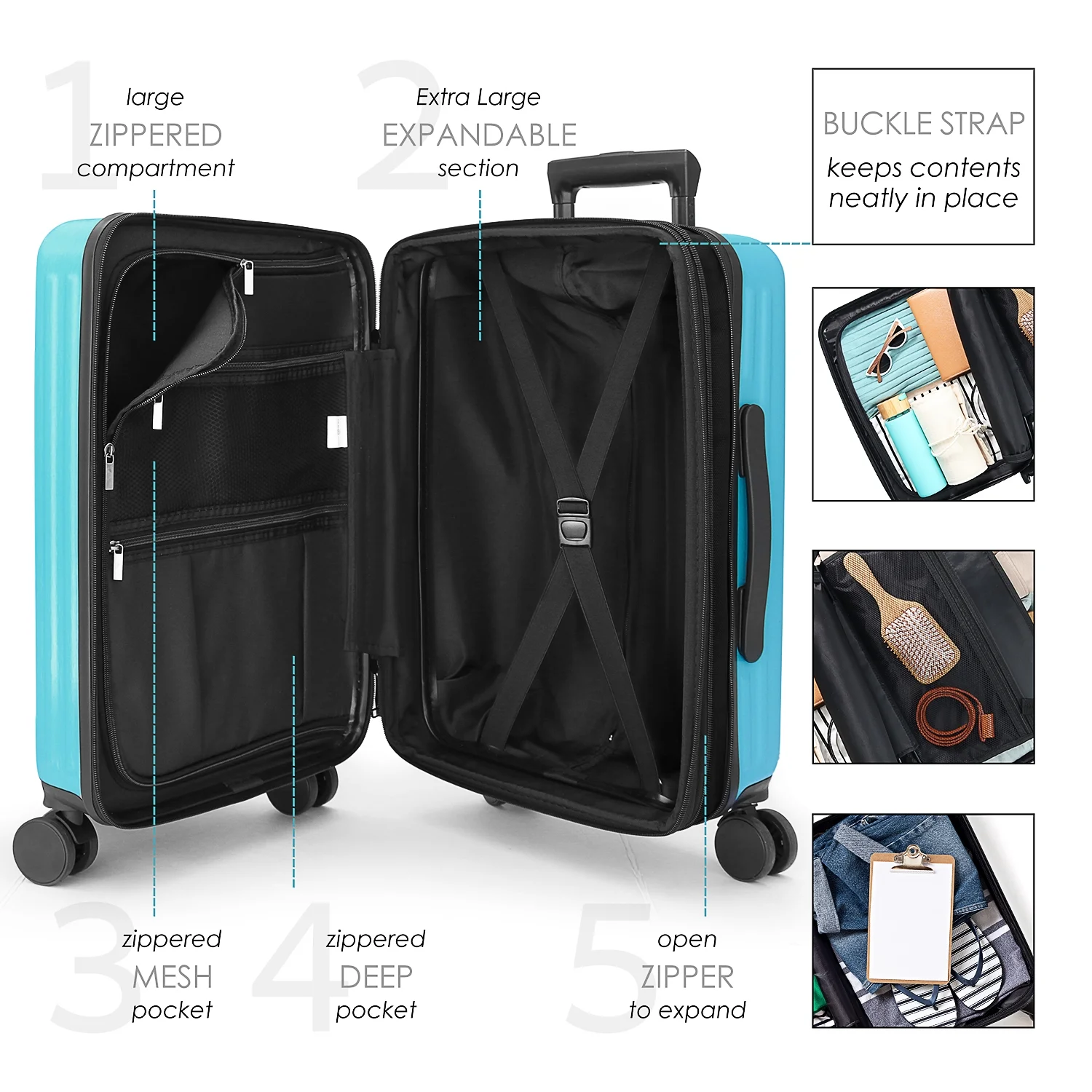 StorageBud 20 inch Hardside Carry-On Expandable Luggage, Front Pocket Luggage Set Spinner Suitcase Set, Teal
